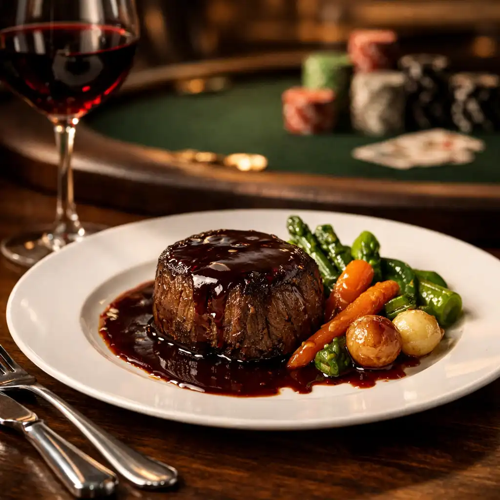 Plat gastronomique raffiné servi à côté d'une table de poker, alliance de la haute cuisine et du jeu