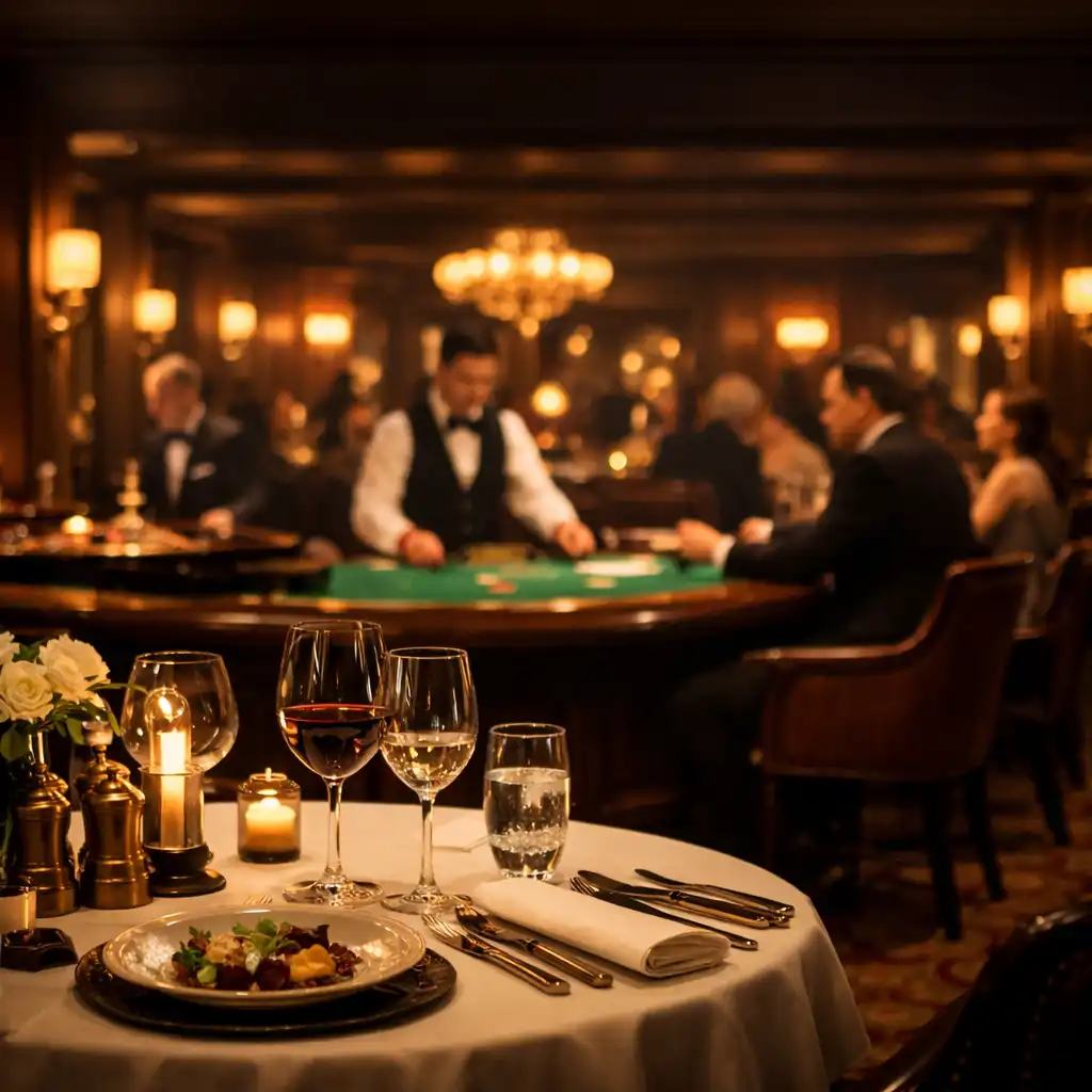 Ambiance élégante du restaurant Table Desplaisirs avec un salon de casino en arrière-plan