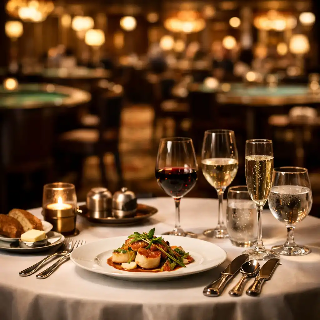 Table gastronomique élégamment dressée avec un salon de casino en arrière-plan