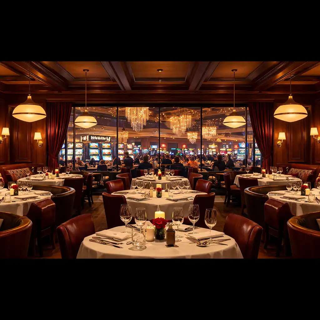 Vue panoramique de la salle du restaurant avec baie vitrée donnant sur le salon de casino