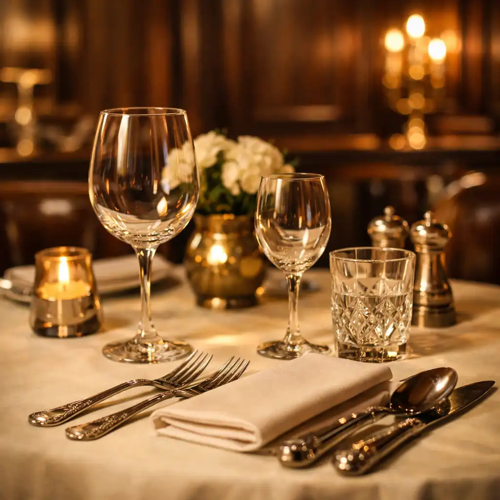 Table de restaurant dressée avec élégance, nappe ivoire, couverts en argent et verres en cristal dans la salle de Table Desplaisirs