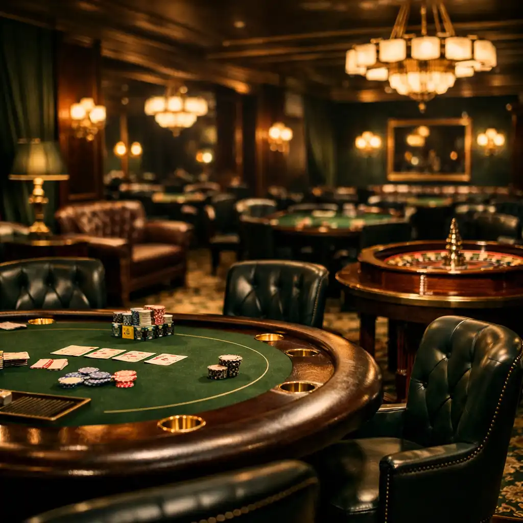 Salon de casino élégant avec tables de poker et roulette, fauteuils en cuir et éclairage indirect