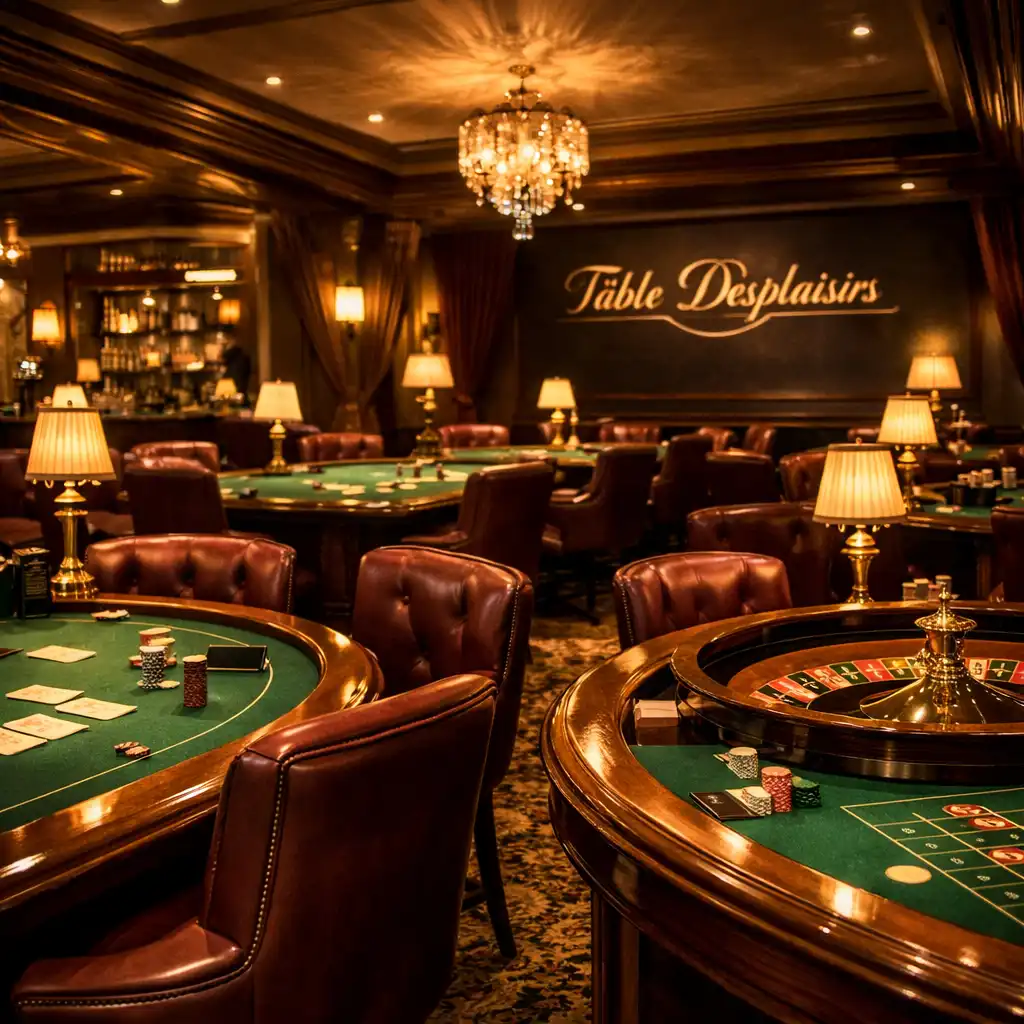 Salon de casino de Table Desplaisirs avec tables de poker et roulette en bois de noyer et feutrine verte