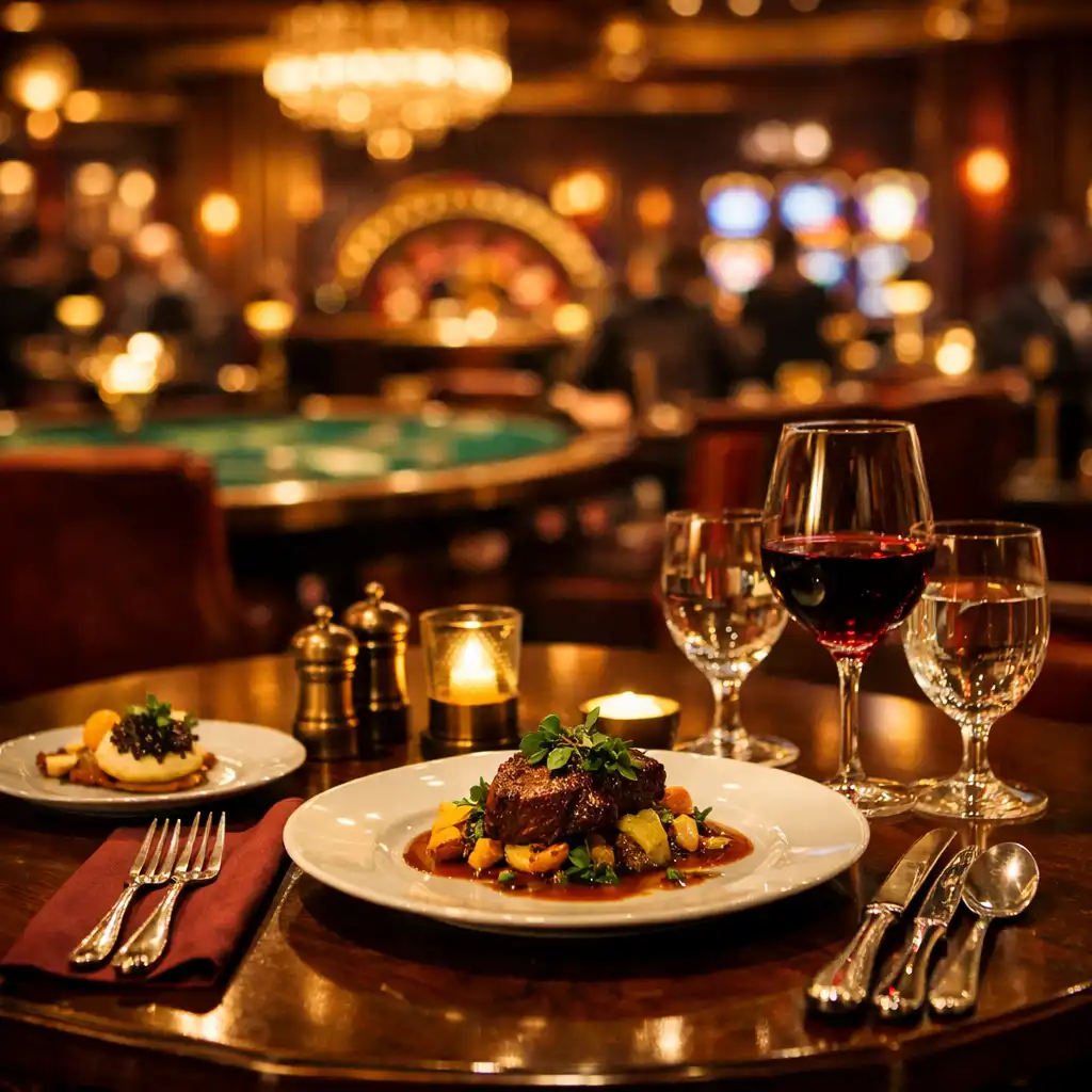 Table gastronomique élégante dans le restaurant du casino, avec couverts en argent, verres en cristal et éclairage chaleureux