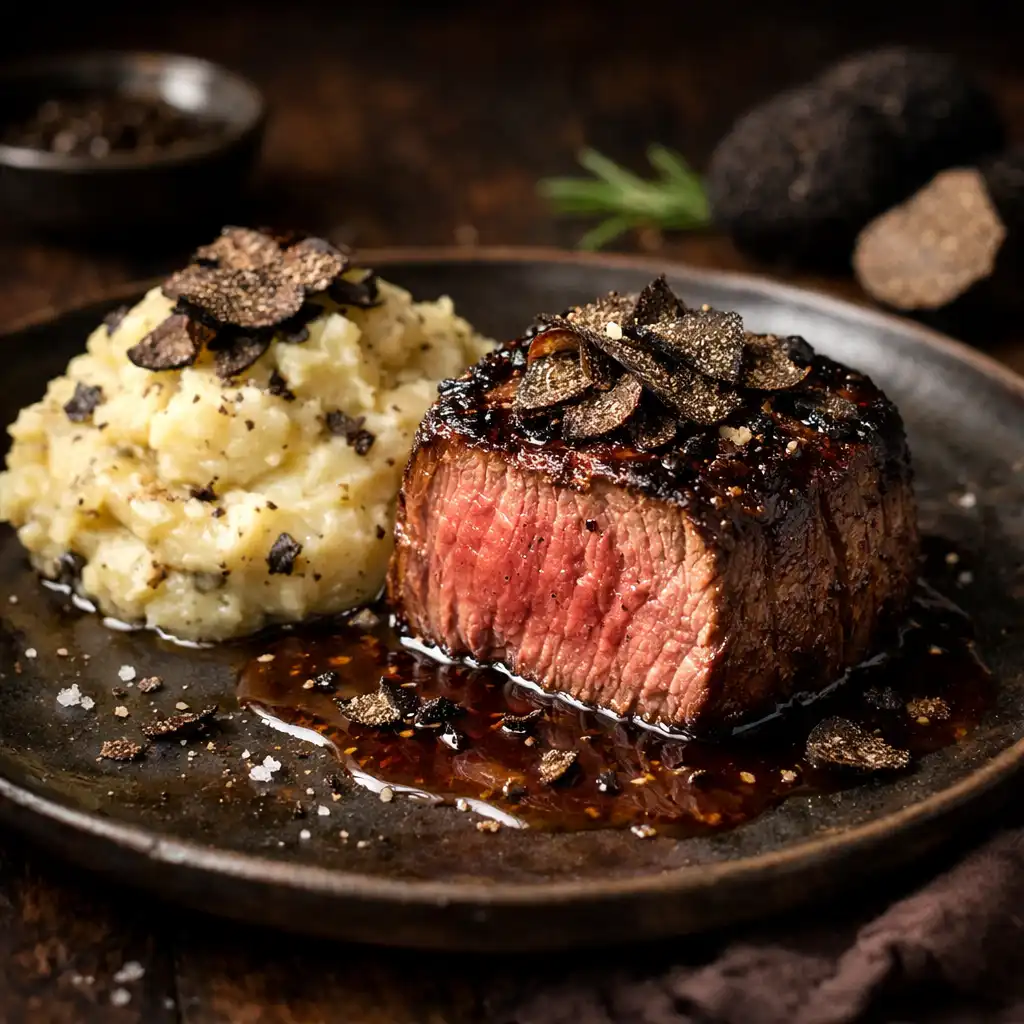 Filet de bœuf maturé aux truffes avec purée de pommes de terre à la truffe noire