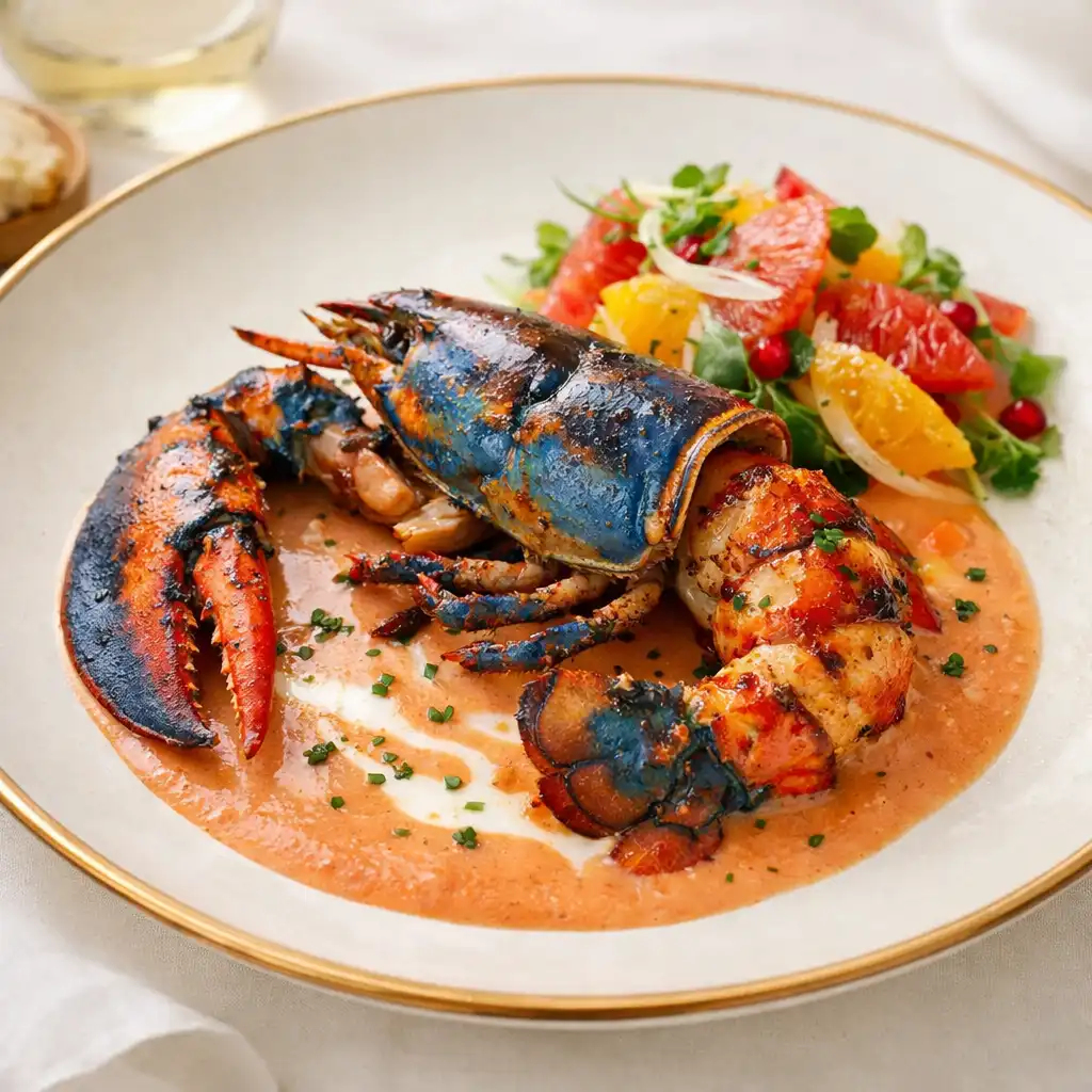 Homard bleu rôti au beurre demi-sel avec bisque onctueuse et salade d'agrumes