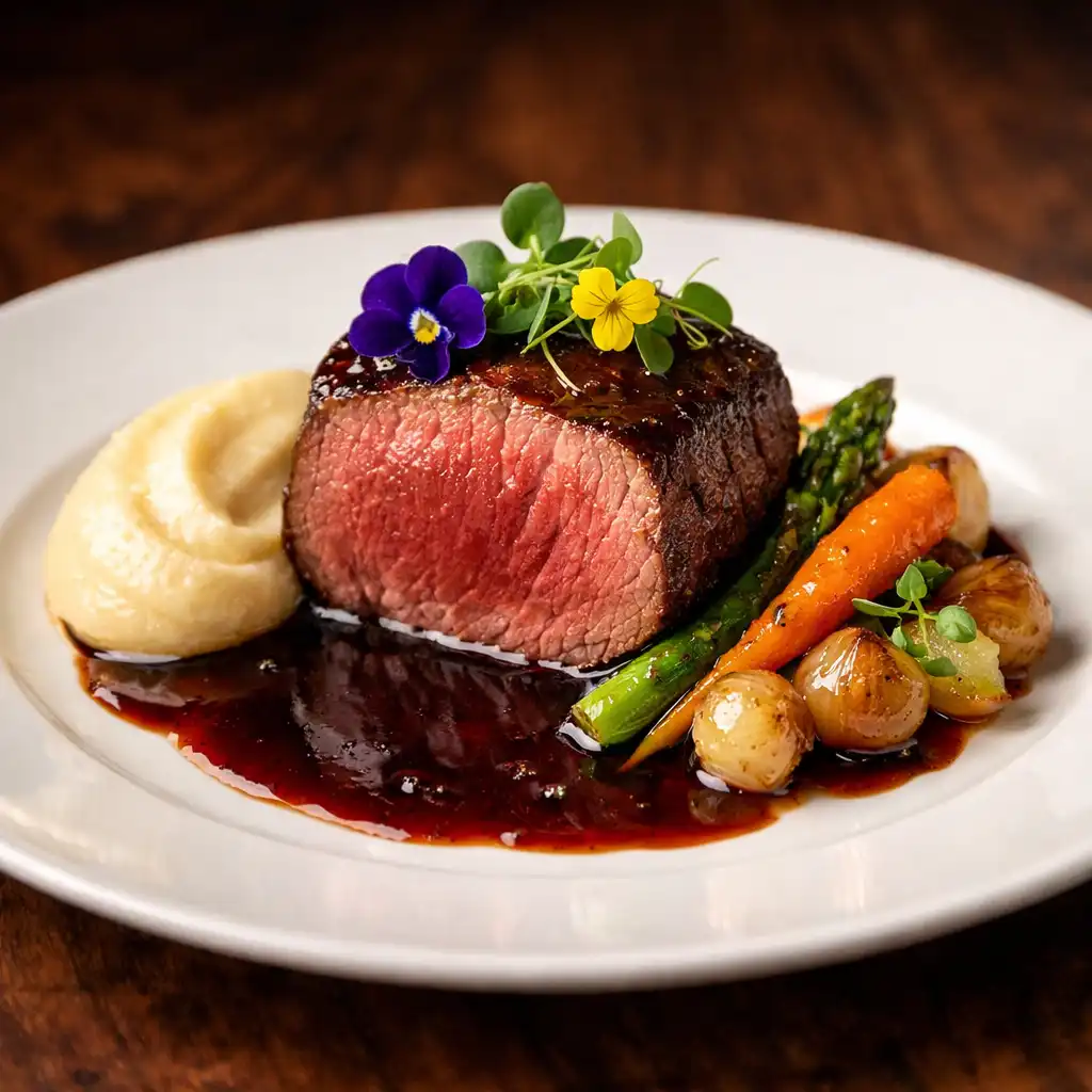 Filet de bœuf rôti avec sauce au vin rouge et légumes glacés