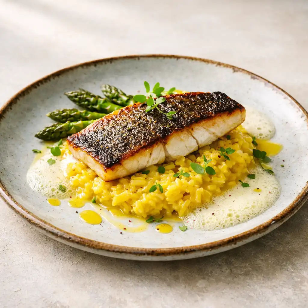 Filet de bar poêlé sur risotto crémeux au safran et asperges vertes