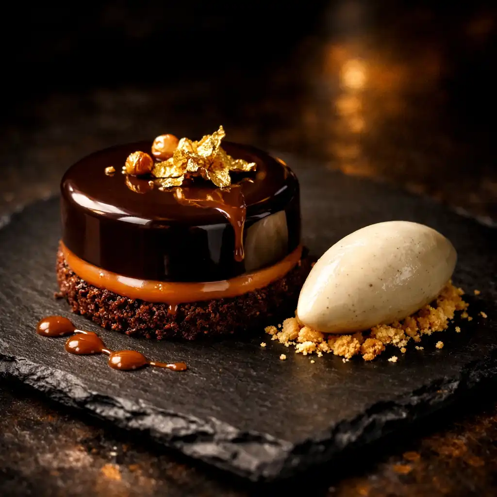 Entremets au chocolat noir et caramel décoré de feuilles d'or