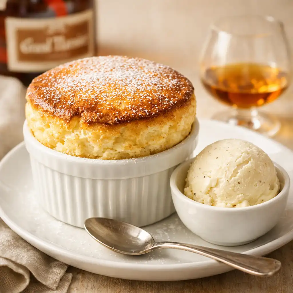 Soufflé au Grand Marnier doré et gonflé avec glace à la vanille de Madagascar