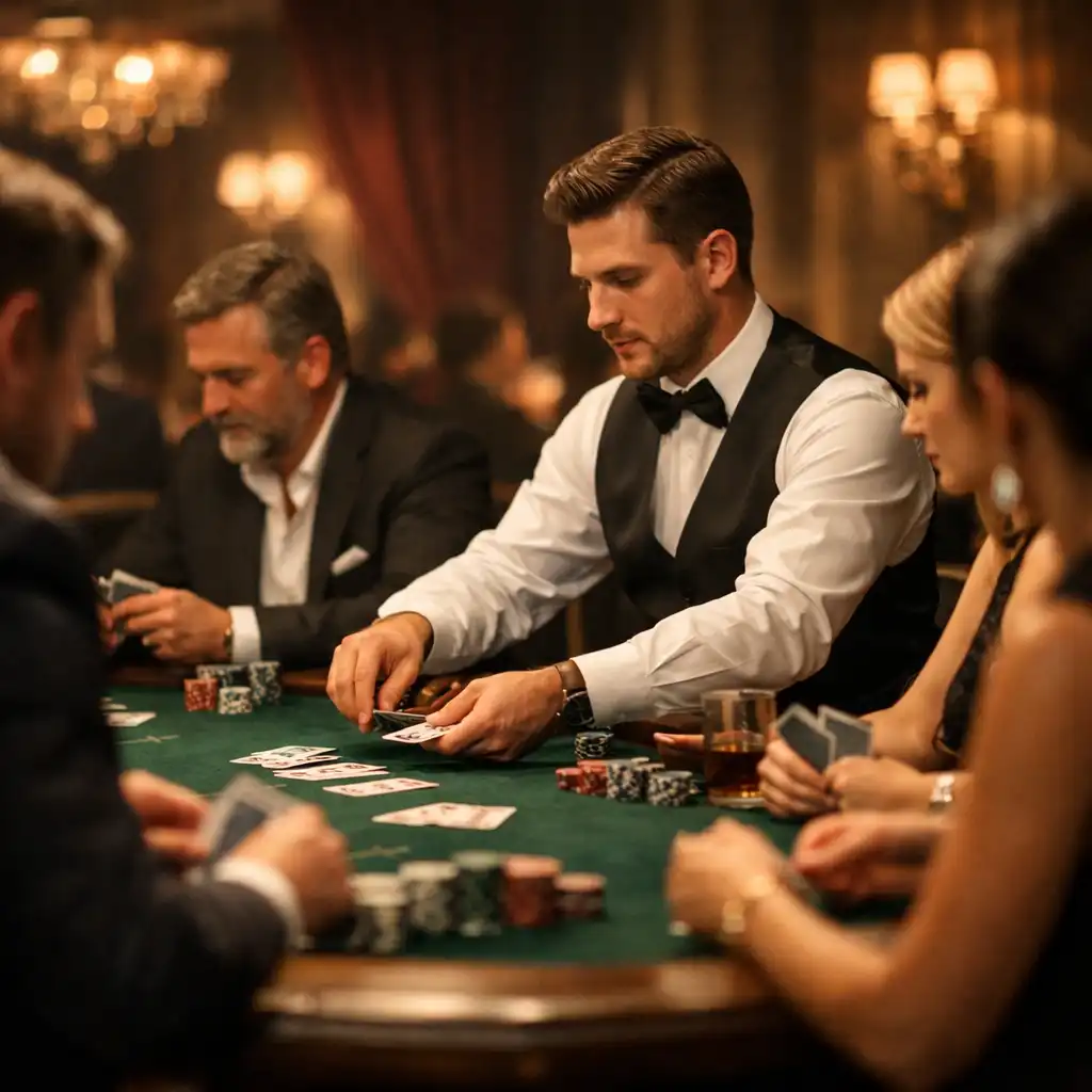 Tournoi de poker en cours dans un salon élégant, joueurs concentrés autour d'une table ovale