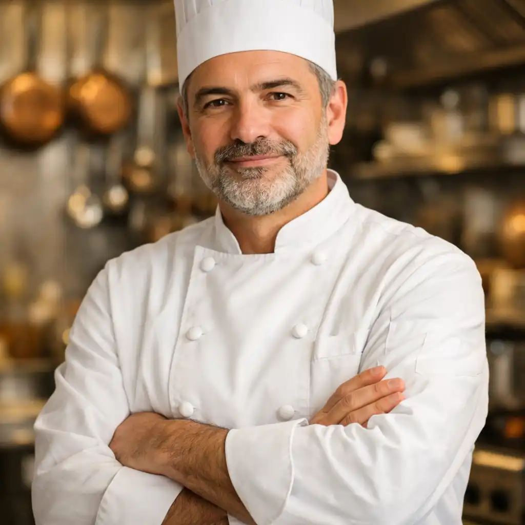 Portrait du chef en tenue blanche dans la cuisine du restaurant