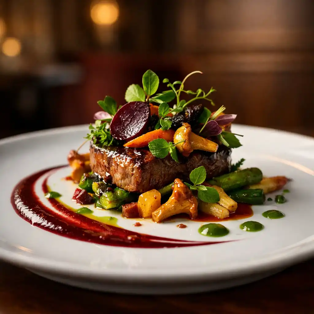 Plat gastronomique raffiné présenté sur une assiette en porcelaine blanche