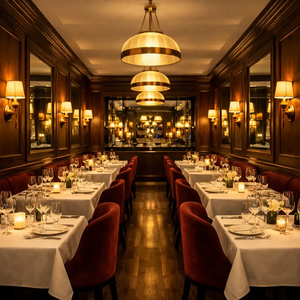 Salle de restaurant élégante avec boiseries de noyer et éclairage tamisé
