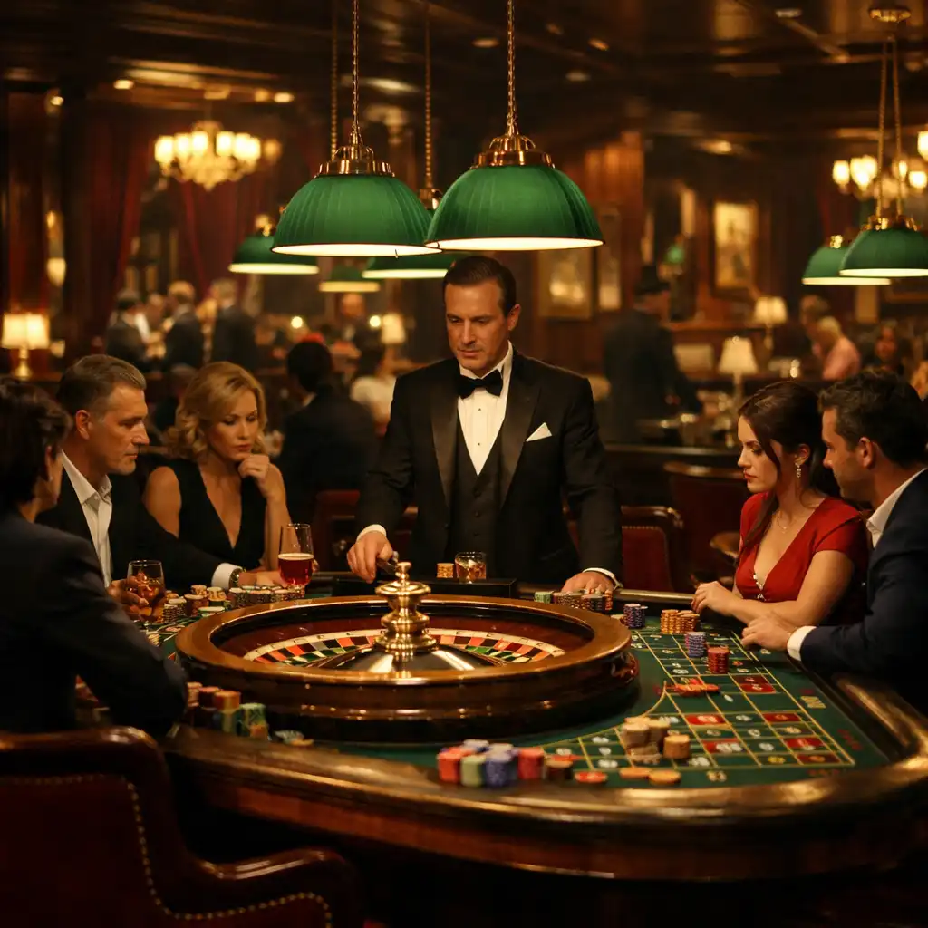 Joueurs élégamment vêtus autour d'une table de roulette dans le salon du restaurant-casino