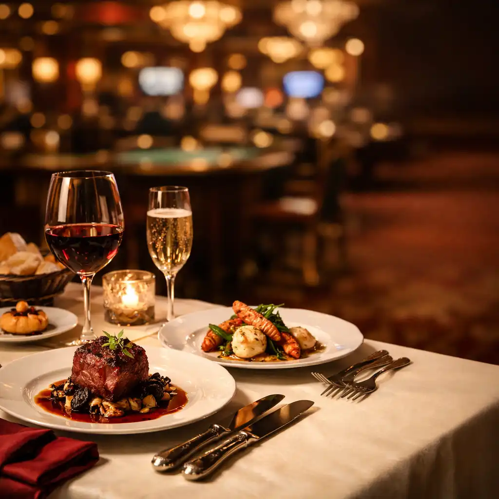 Dîner gastronomique servi dans le salon de casino, avec plats raffinés et décor de jeu en arrière-plan