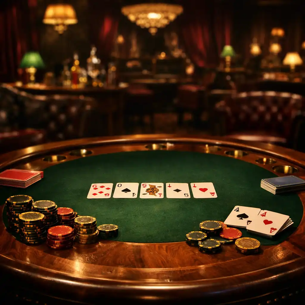 Table de poker élégante dans le salon de casino, avec jetons en laiton et cartes disposées sous une lumière tamisée